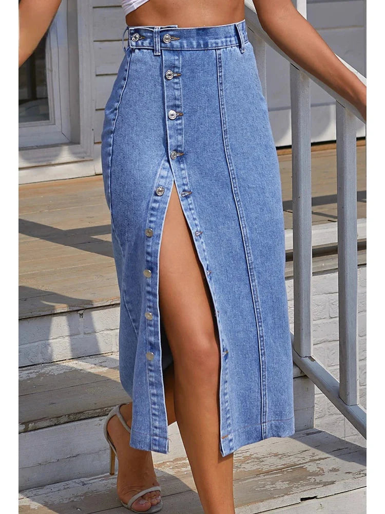 Stilla | Kvinders Denim Mode Designer Høj Talje Knap Split Nederdele (midi)