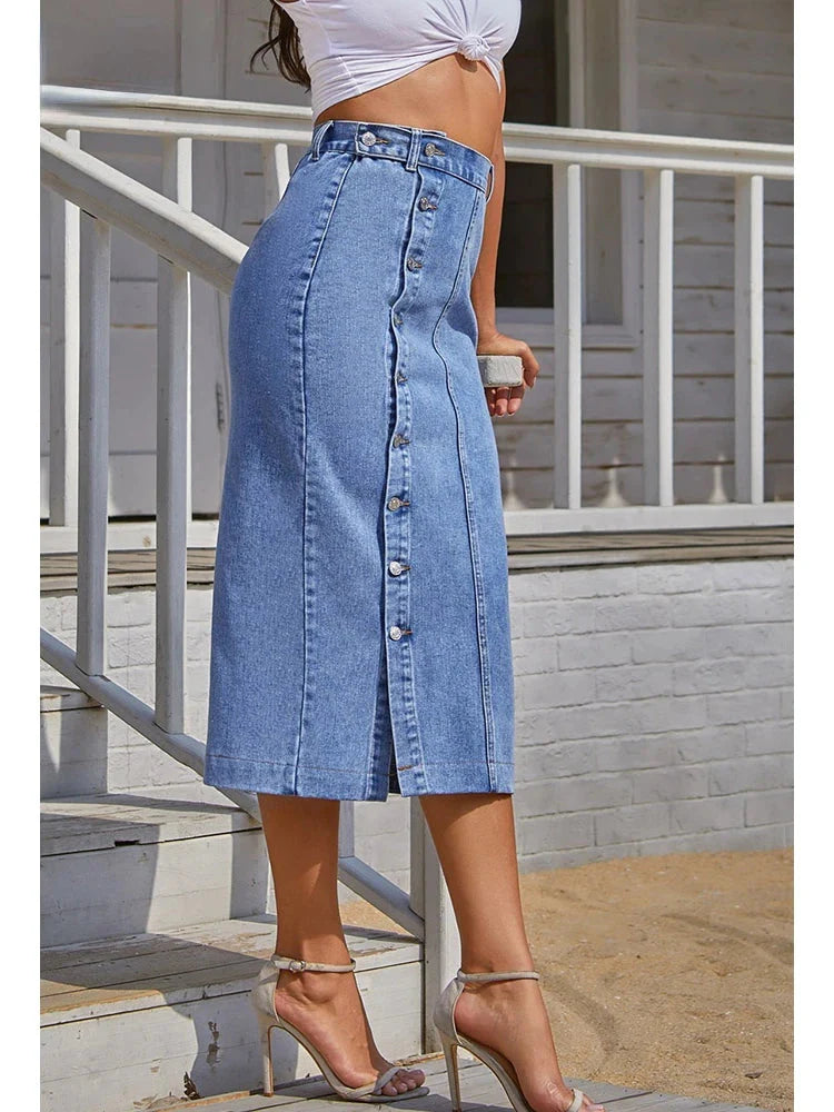 Stilla | Kvinders Denim Mode Designer Høj Talje Knap Split Nederdele (midi)
