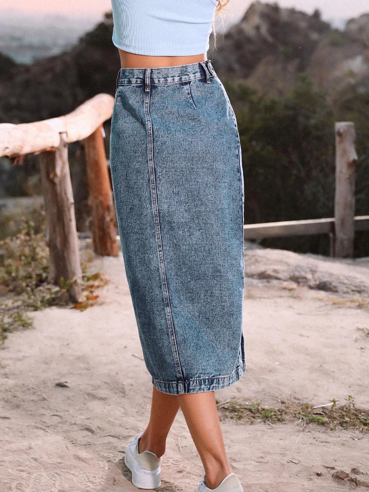 Stilla | Kvinders Denim Mode Designer Høj Talje Knap Split Nederdele (midi)