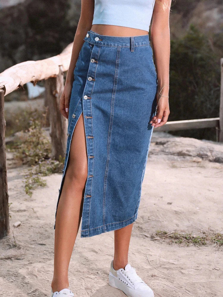 Stilla | Kvinders Denim Mode Designer Høj Talje Knap Split Nederdele (midi)