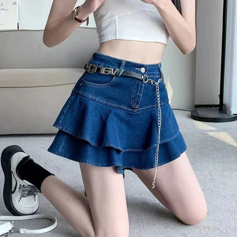 Stilla | Kvinders Denim Mode Designer Ruffled Trim Mini Nederdele (kort)