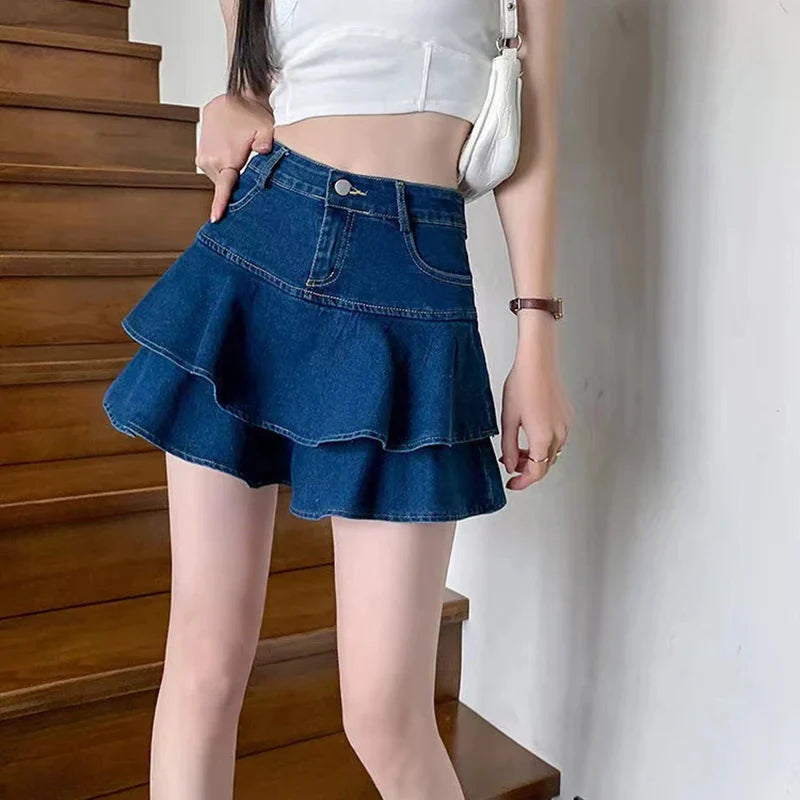Stilla | Kvinders Denim Mode Designer Ruffled Trim Mini Nederdele (kort)
