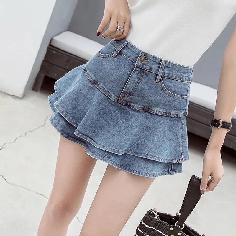 Stilla | Kvinders Denim Mode Designer Ruffled Trim Mini Nederdele (kort)