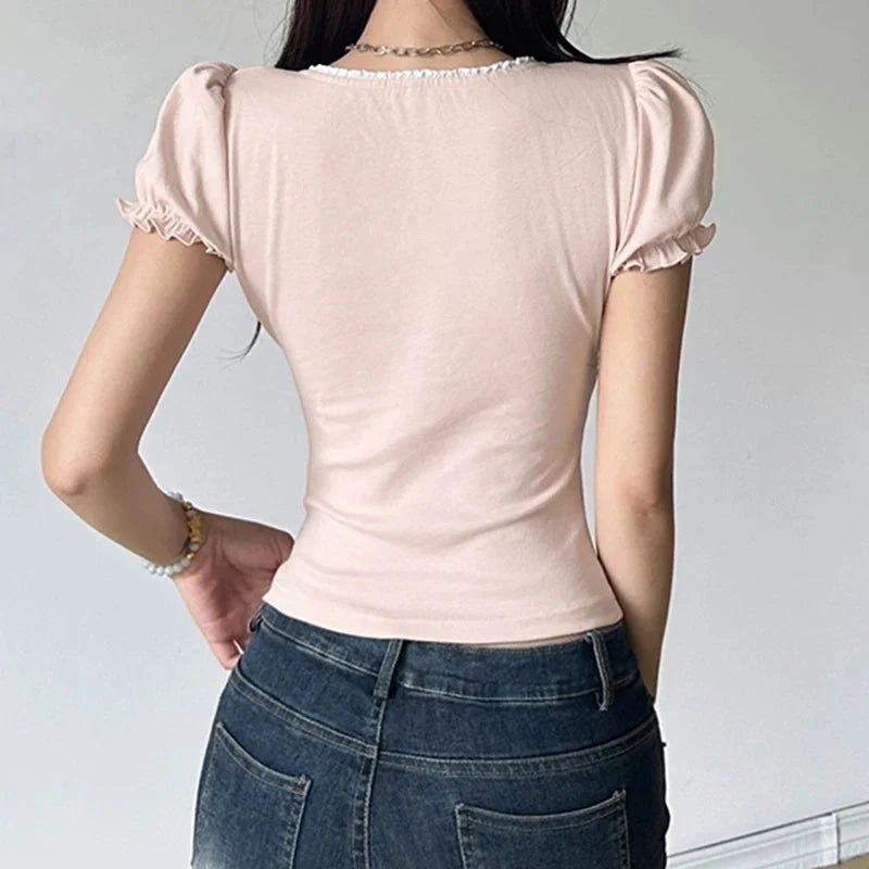 Stilla | Kvinders Snøre Rynket Kant Bluse Toppe Mode Designer T-Shirts