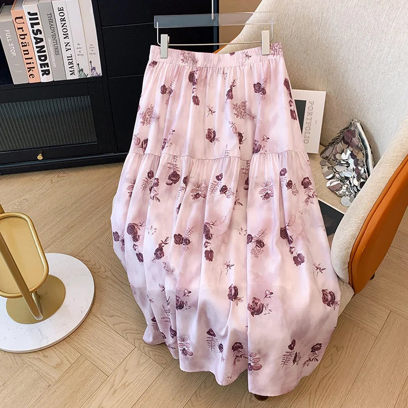 Stilla | Kvindernes Blomstret Chiffon Mode Designer 5 9xl Midi Nederdele (plus Størrelse)