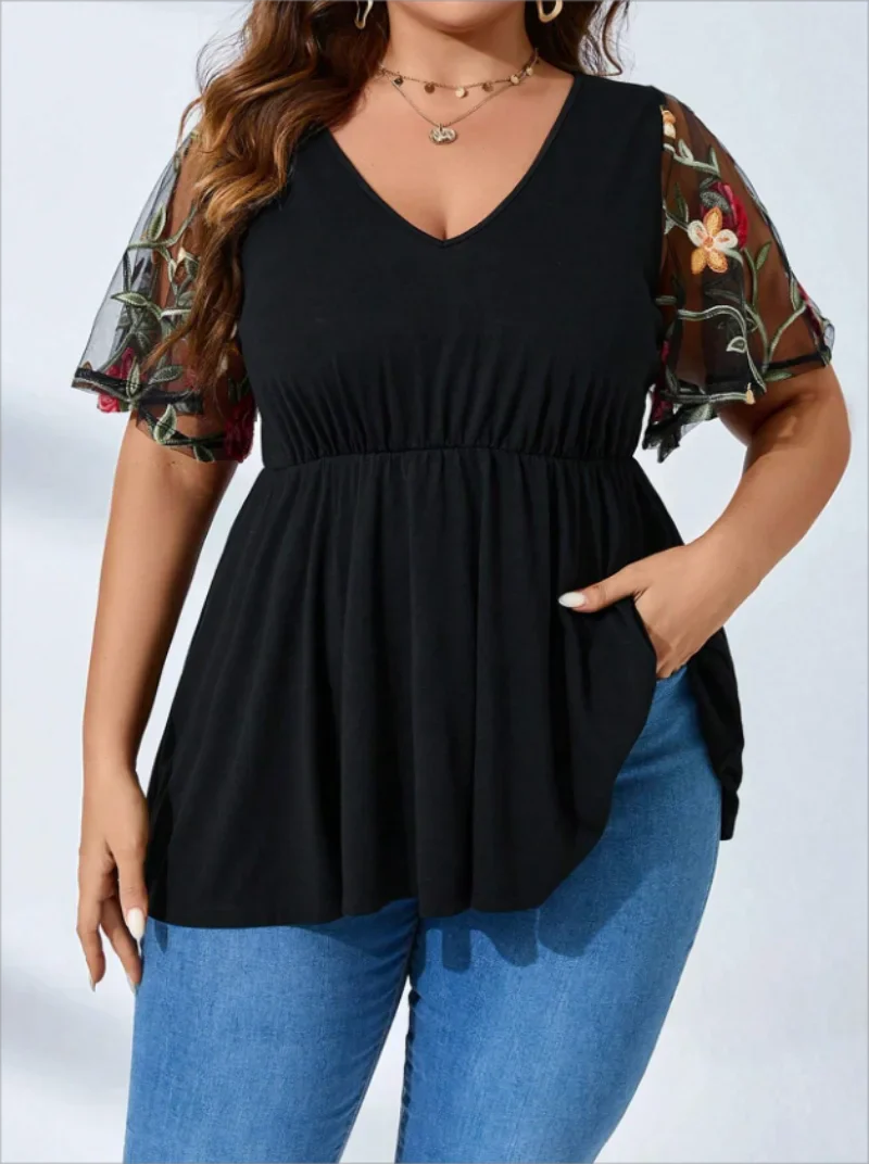 Stilla | Kvindernes Blomsterbroderi 3 5xl Mode Designer Bluse T-Shirts (plus Størrelse)