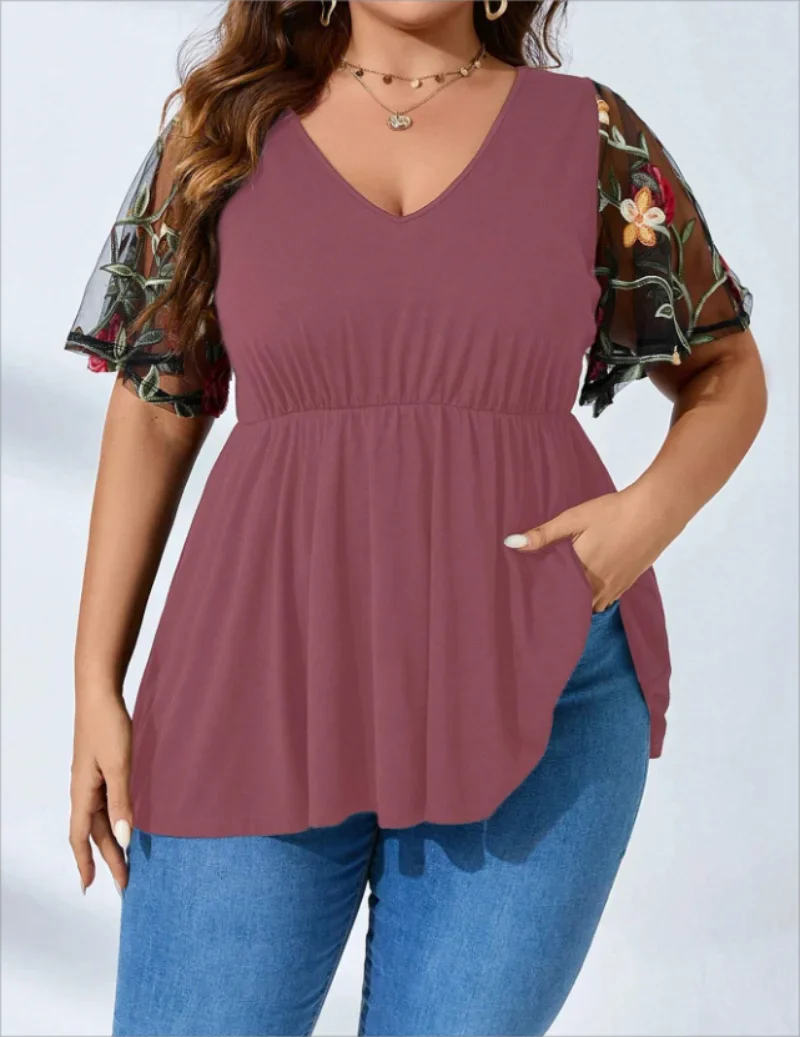 Stilla | Kvindernes Blomsterbroderi 3 5xl Mode Designer Bluse T-Shirts (plus Størrelse)