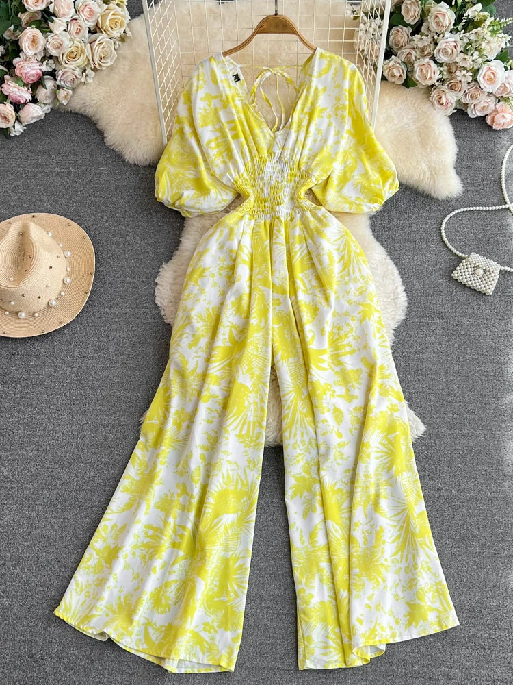 Stilla | Kvinders Blomstret V-Hals Rompers Lange Ærmer Mode Designer Jumpsuits
