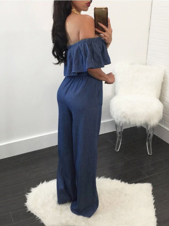 Stilla | Kvinder Jumpsuits One Shoulder Ruffled Lace up Denim Jumpsuit