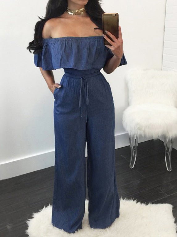 Stilla | Kvinder Jumpsuits One Shoulder Ruffled Lace up Denim Jumpsuit