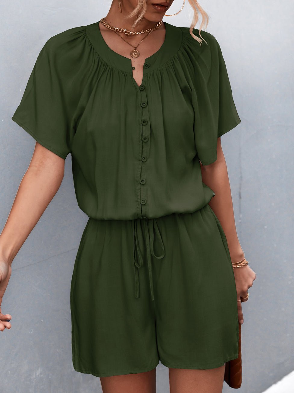 Stilla | Kvinders Jumpsuits Solid Knap Plisseret Snørebånd Jumpsuit