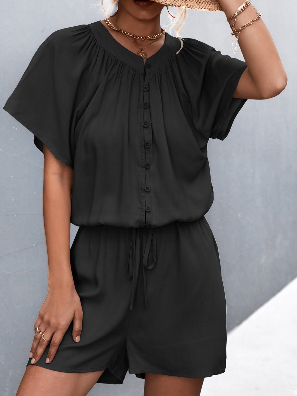 Stilla | Kvinders Jumpsuits Solid Knap Plisseret Snørebånd Jumpsuit