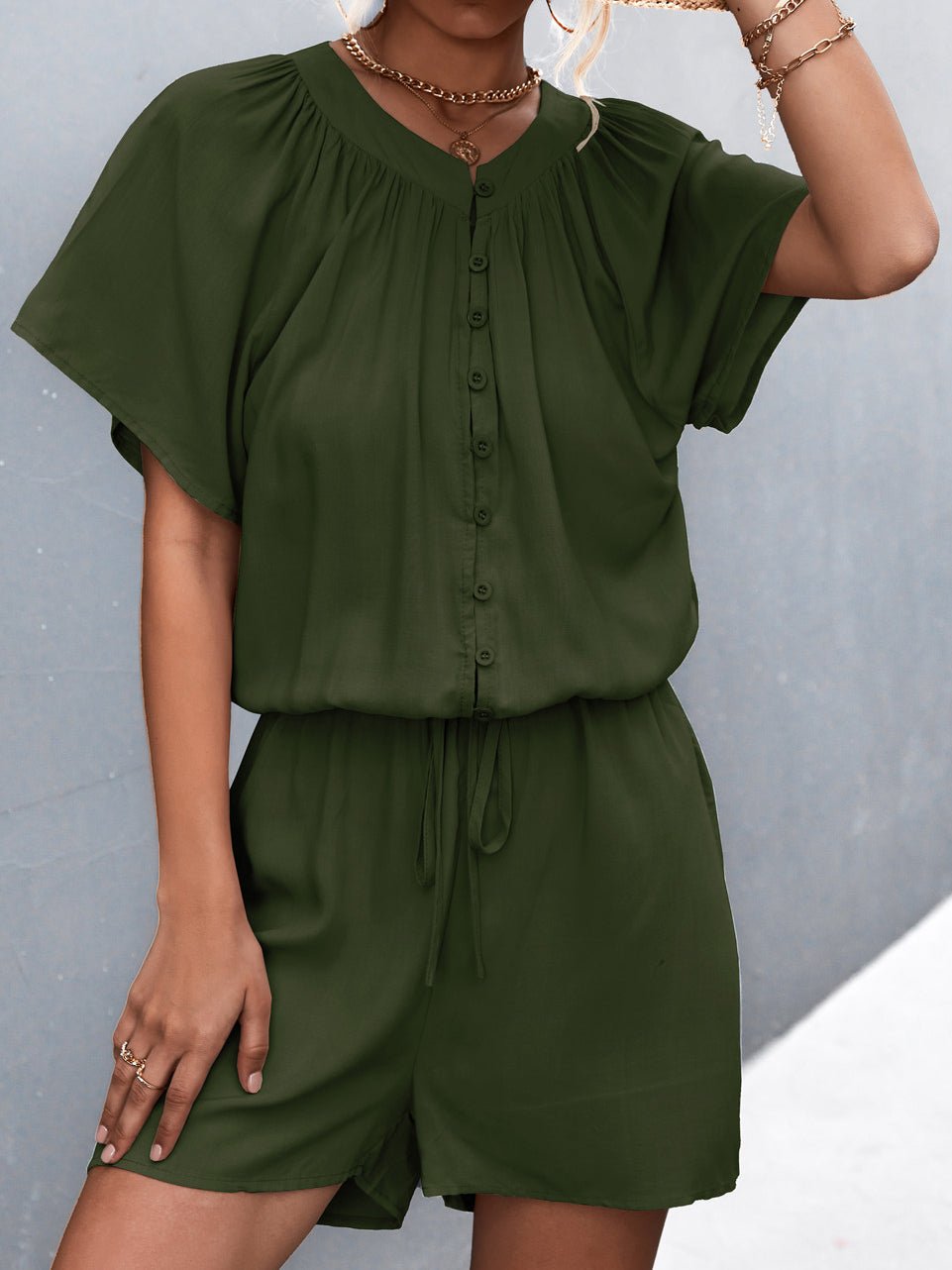 Stilla | Kvinders Jumpsuits Solid Knap Plisseret Snørebånd Jumpsuit