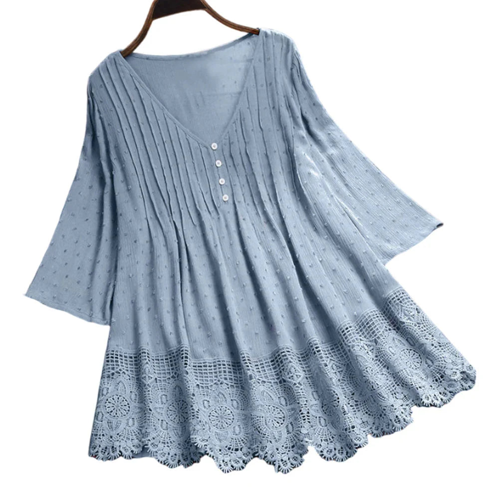 Stilla | Kvinders Blonde Kant Bluse 5xl V-Hals Mode Designer T-Shirts (over Size)