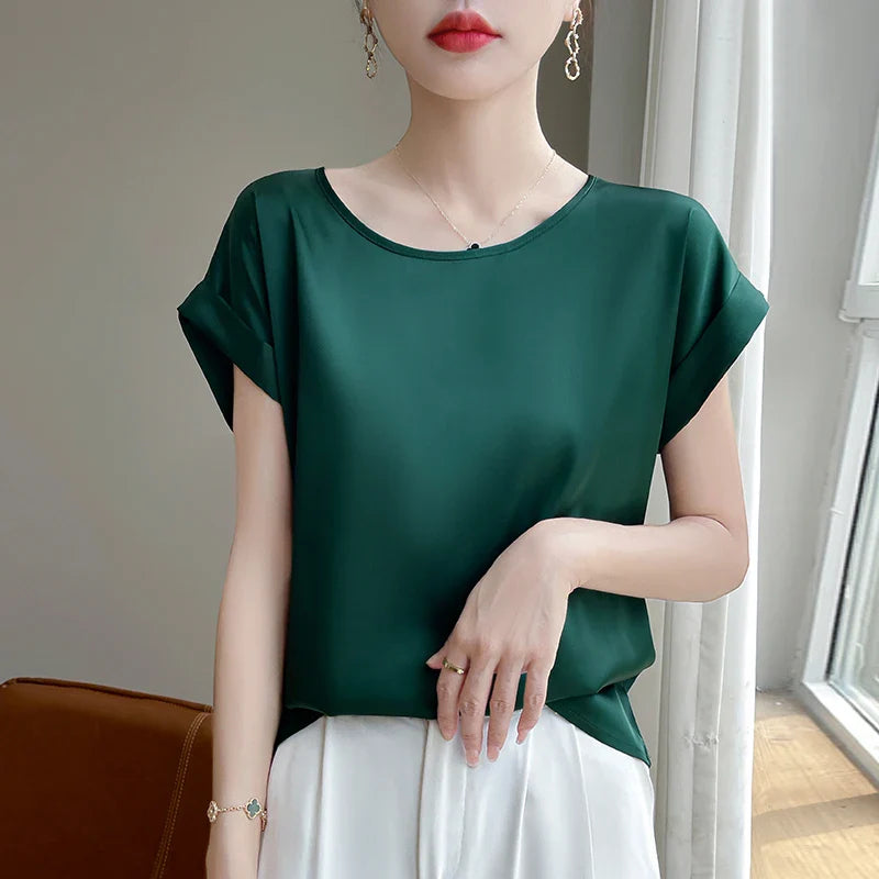 Stilla | Kvinders O-Hals Top Mode Designer Bluse Satin T-Shirts
