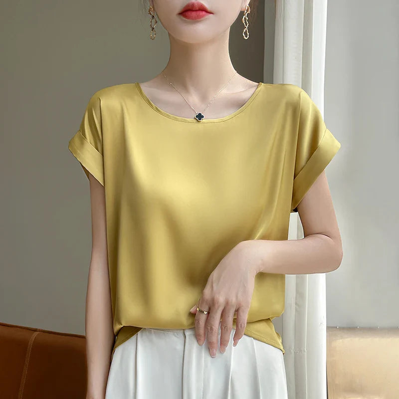 Stilla | Kvinders O-Hals Top Mode Designer Bluse Satin T-Shirts