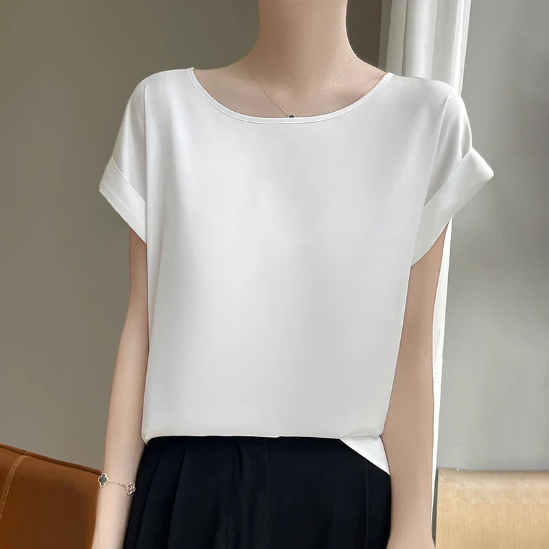Stilla | Kvinders O-Hals Top Mode Designer Bluse Satin T-Shirts
