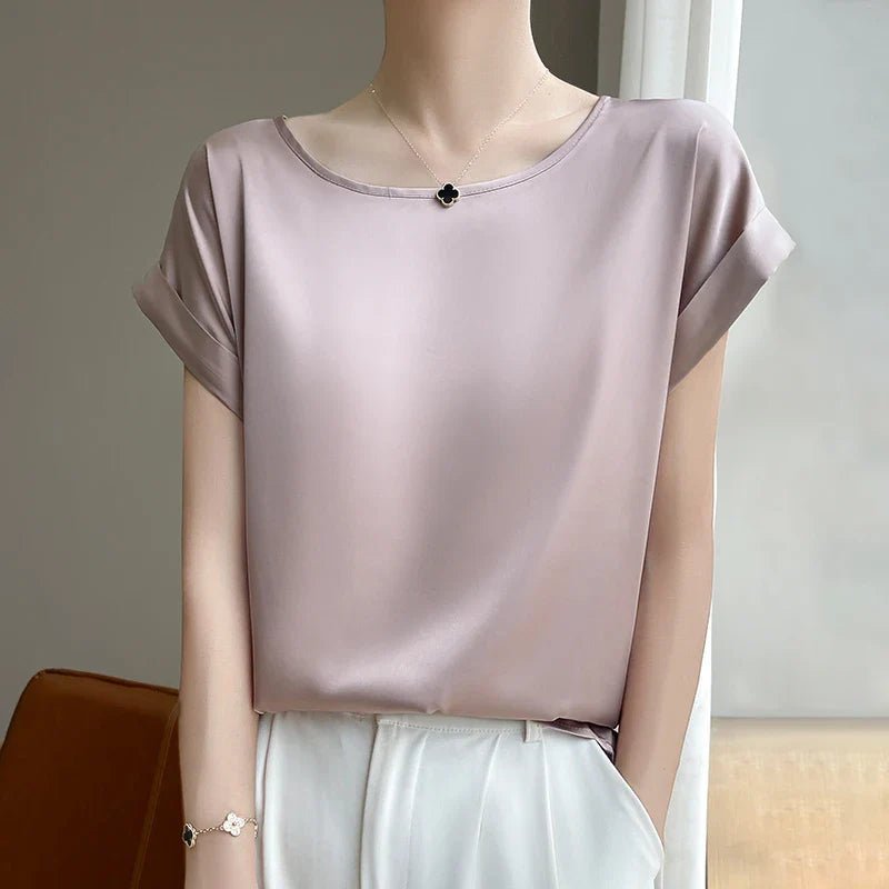 Stilla | Kvinders O-Hals Top Mode Designer Bluse Satin T-Shirts