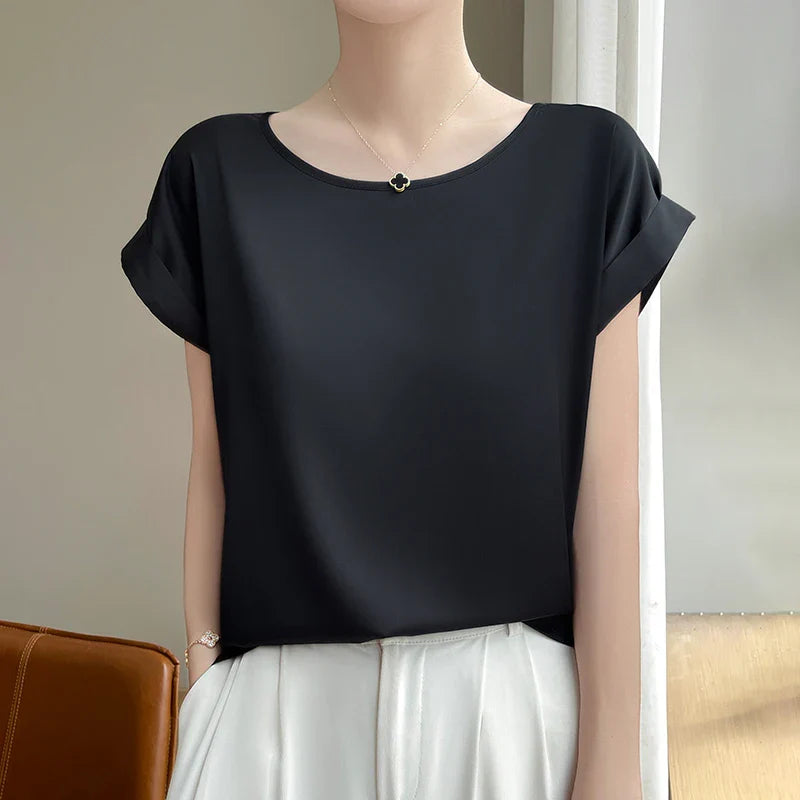 Stilla | Kvinders O-Hals Top Mode Designer Bluse Satin T-Shirts