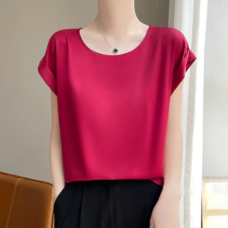 Stilla | Kvinders O-Hals Top Mode Designer Bluse Satin T-Shirts
