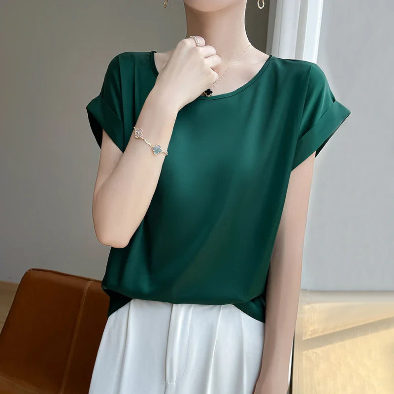 Stilla | Kvinders O-Hals Top Mode Designer Bluse Satin T-Shirts