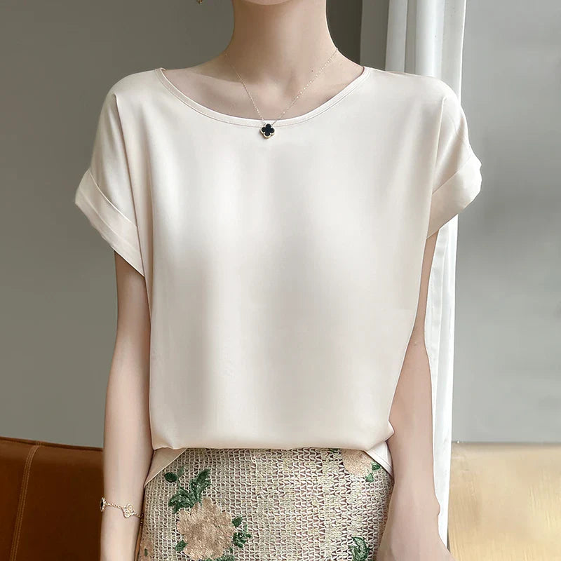 Stilla | Kvinders O-Hals Top Mode Designer Bluse Satin T-Shirts