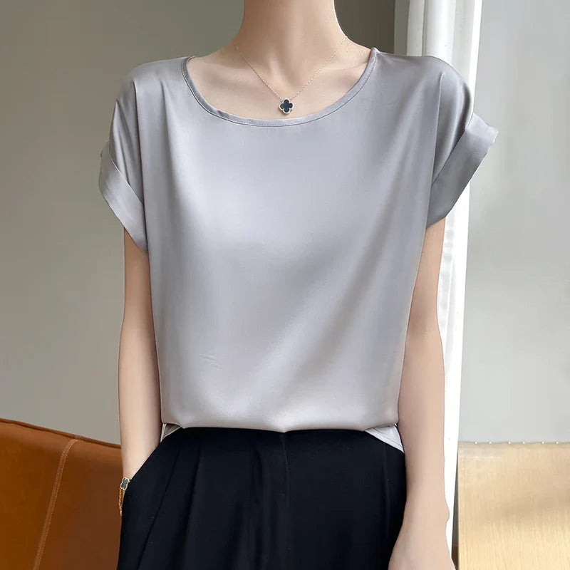 Stilla | Kvinders O-Hals Top Mode Designer Bluse Satin T-Shirts
