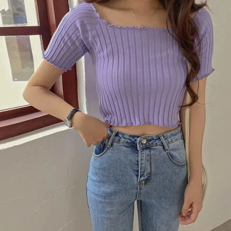 Stilla | Kvinders Off Shoulder Strikket Ribbet Mode Designer T-Shirts