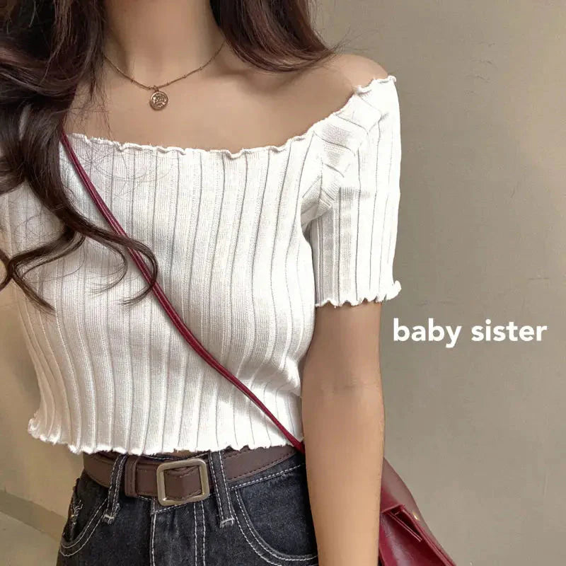 Stilla | Kvinders Off Shoulder Strikket Ribbet Mode Designer T-Shirts