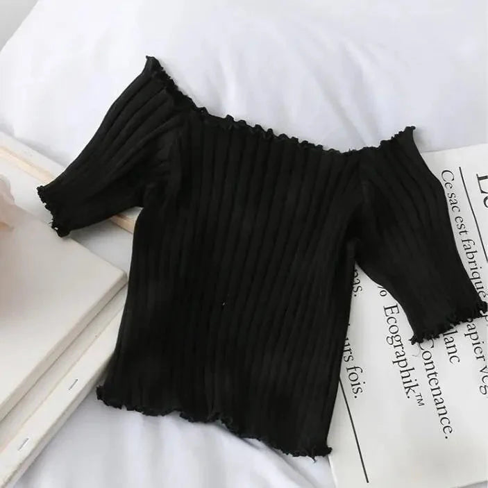 Stilla | Kvinders Off Shoulder Strikket Ribbet Mode Designer T-Shirts