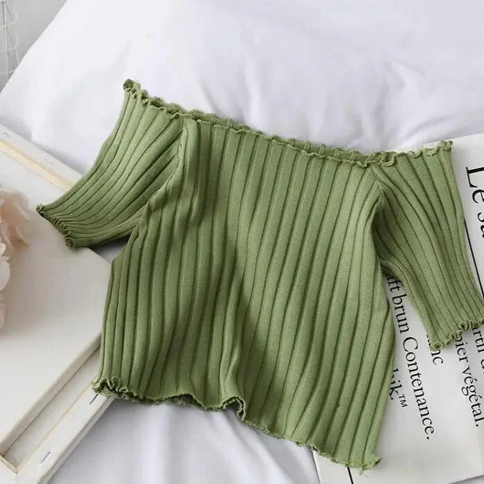 Stilla | Kvinders Off Shoulder Strikket Ribbet Mode Designer T-Shirts