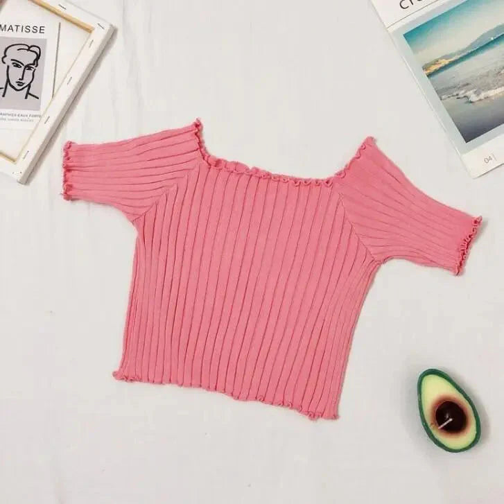 Stilla | Kvinders Off Shoulder Strikket Ribbet Mode Designer T-Shirts
