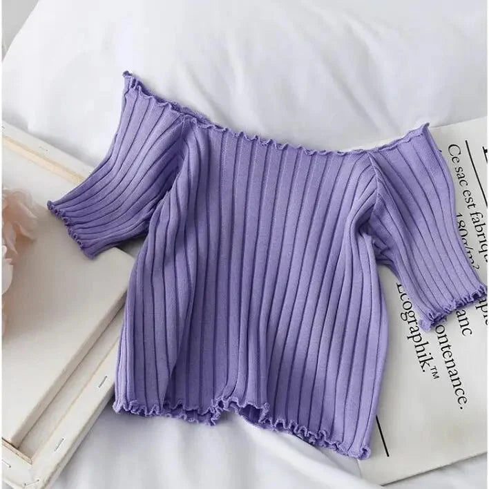 Stilla | Kvinders Off Shoulder Strikket Ribbet Mode Designer T-Shirts
