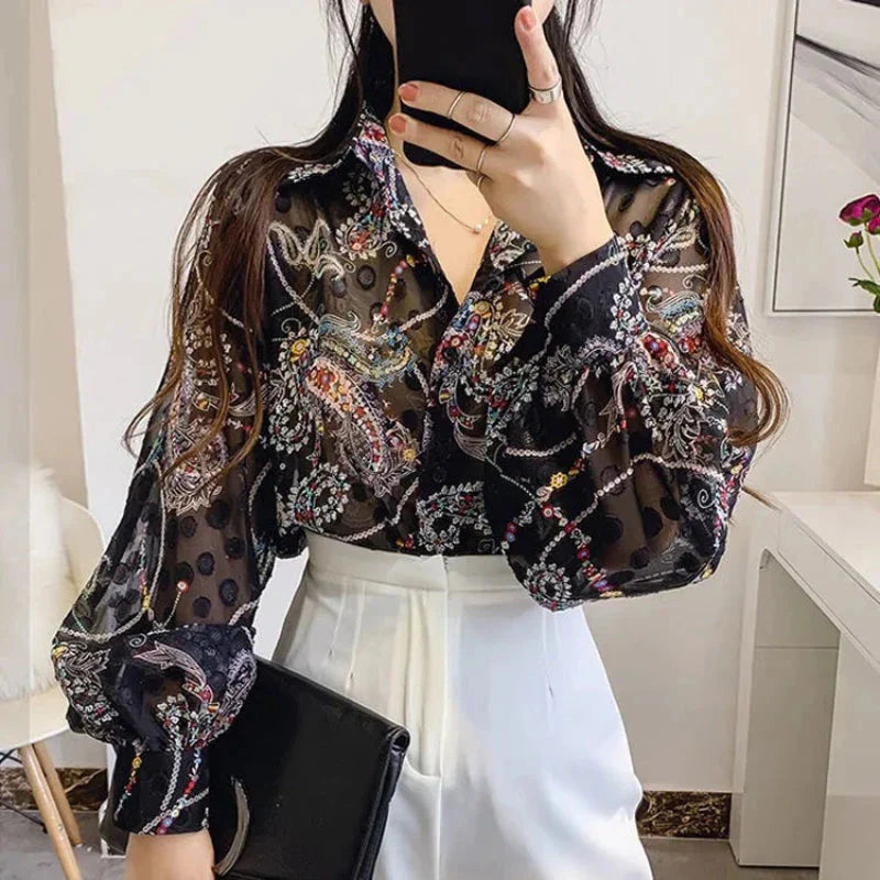 Stilla | Kvinders Puff Ærme Chiffon Bluse Mode Designer Langærmede Toppe