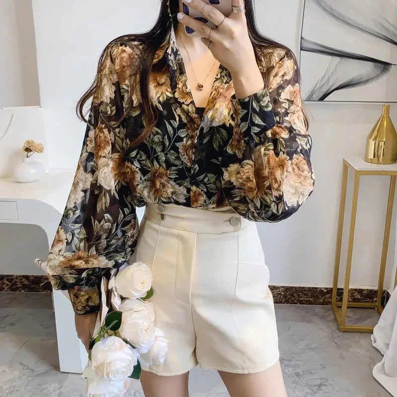 Stilla | Kvinders Puff Ærme Chiffon Bluse Mode Designer Langærmede Toppe