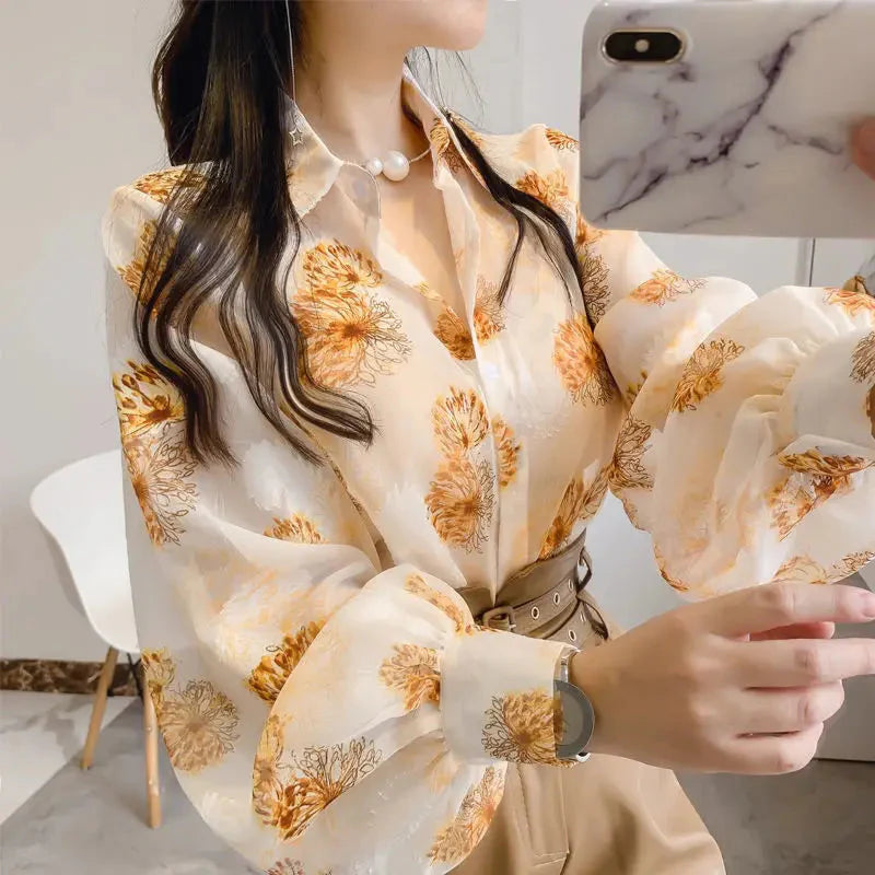 Stilla | Kvinders Puff Ærme Chiffon Bluse Mode Designer Langærmede Toppe