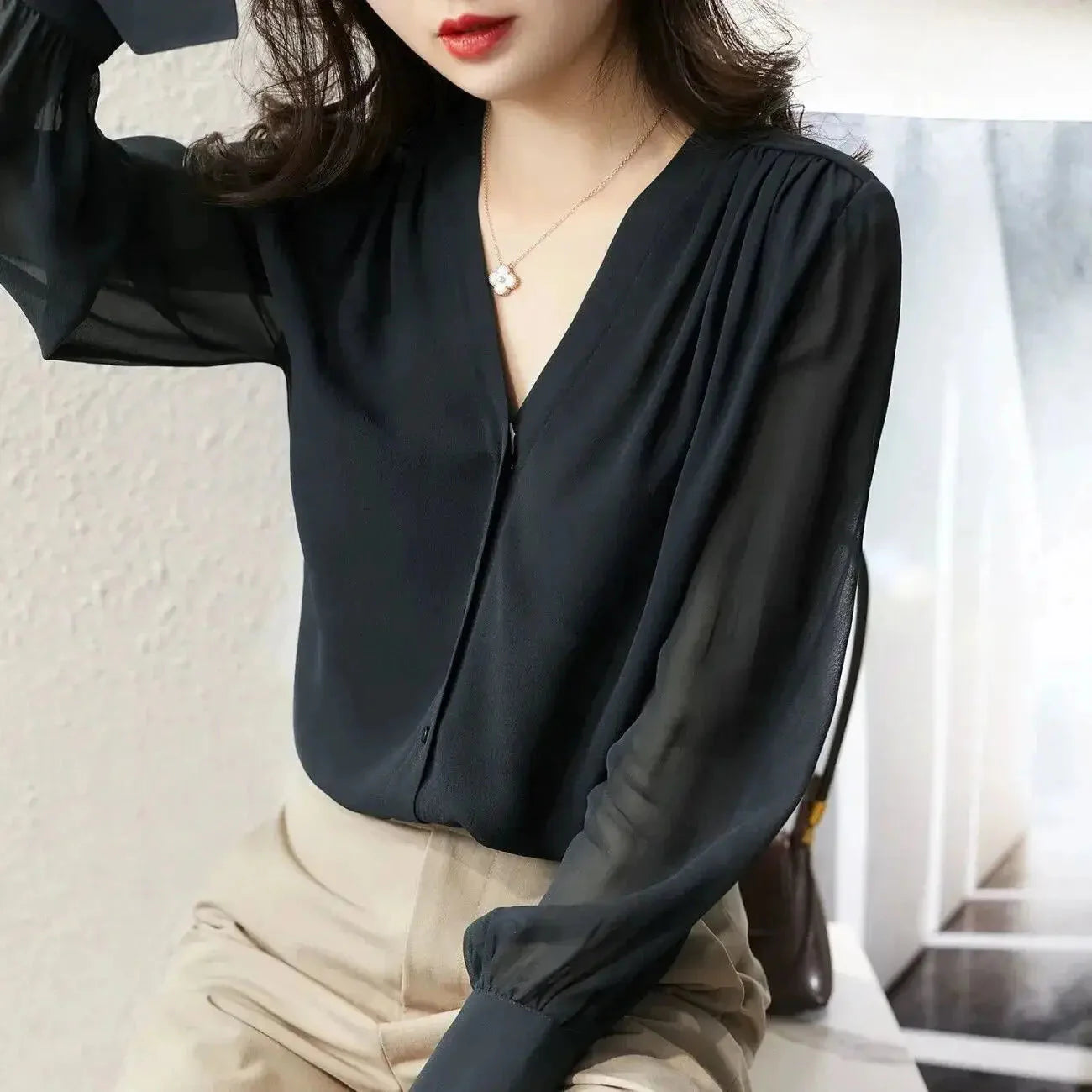 Stilla | Kvinders Puff Ærme Chiffon Bluse Mode Designer Langærmede Toppe
