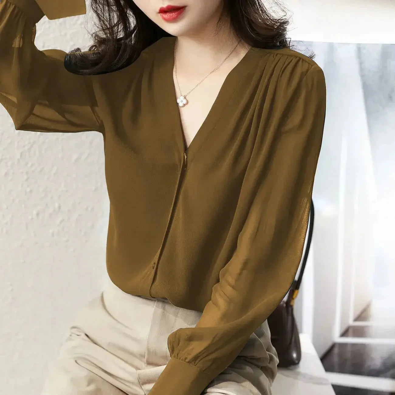 Stilla | Kvinders Puff Ærme Chiffon Bluse Mode Designer Langærmede Toppe