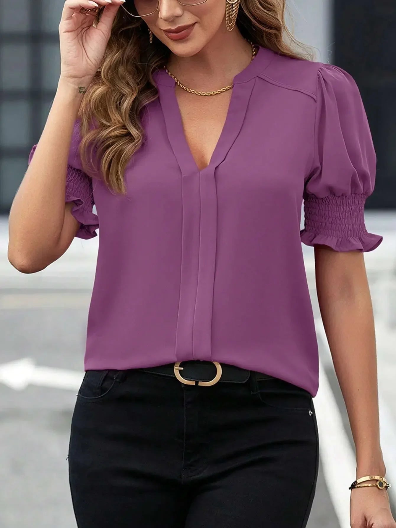 Stilla | Kvinders Puff Ærme V-Hals Bluse Toppe Mode Designer T-Shirts