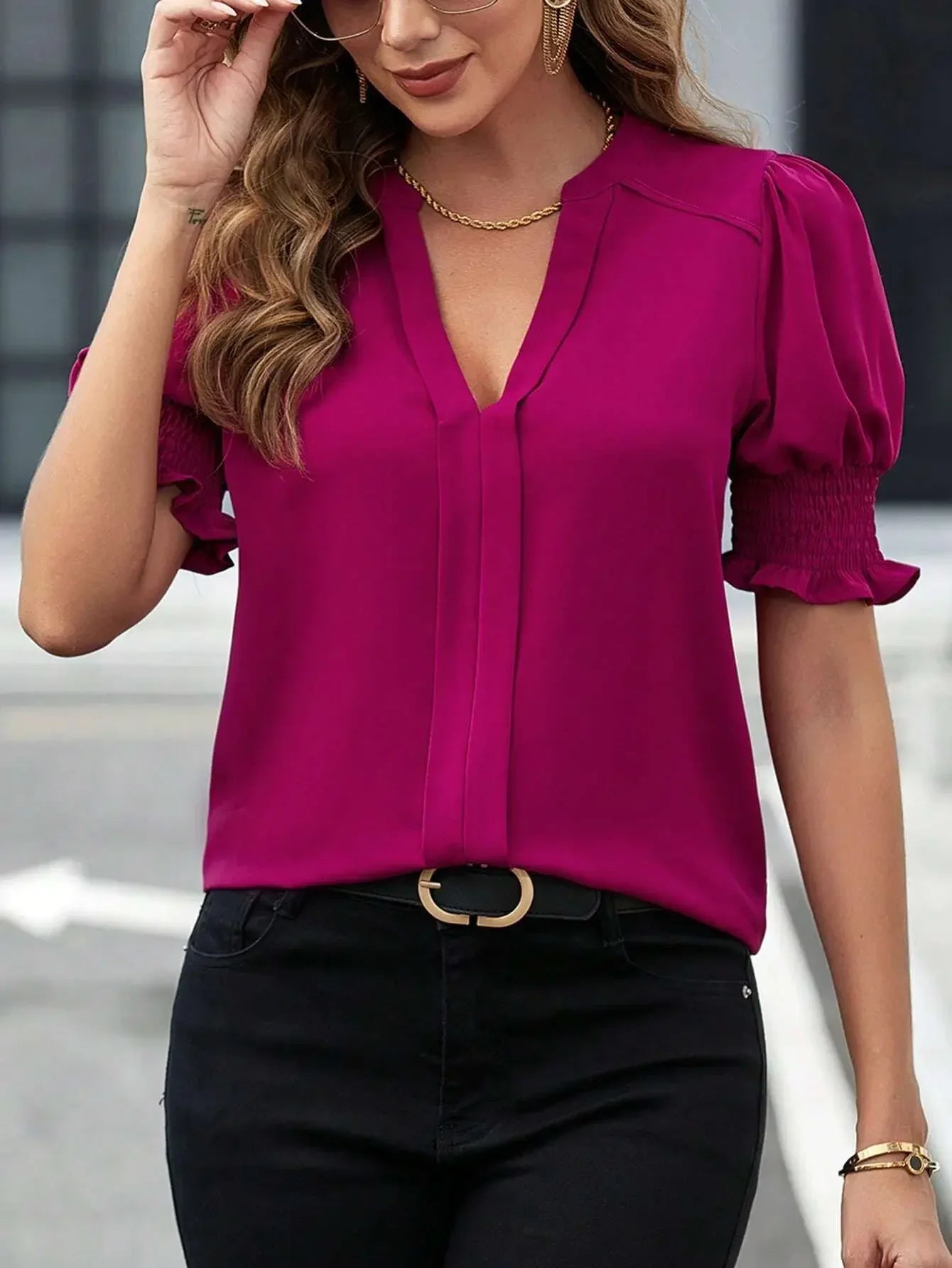 Stilla | Kvinders Puff Ærme V-Hals Bluse Toppe Mode Designer T-Shirts