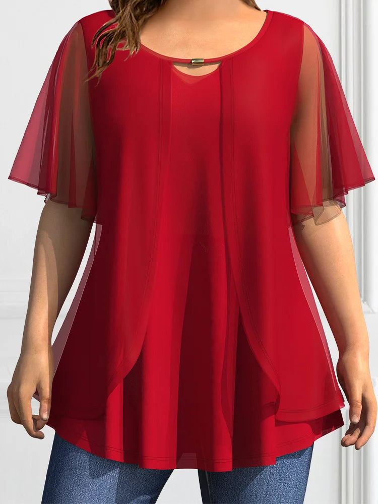Stilla | Kvindernes Ruffle 2 5xl Chiffon Toppe Mode Designer T-Shirts (plus Størrelse)