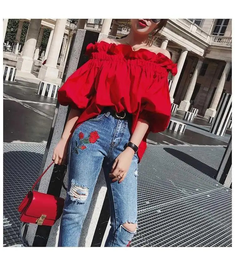 Stilla | Kvinders Ruffled Fashion Designer Puffede Ærmer Toppe T-Shirts