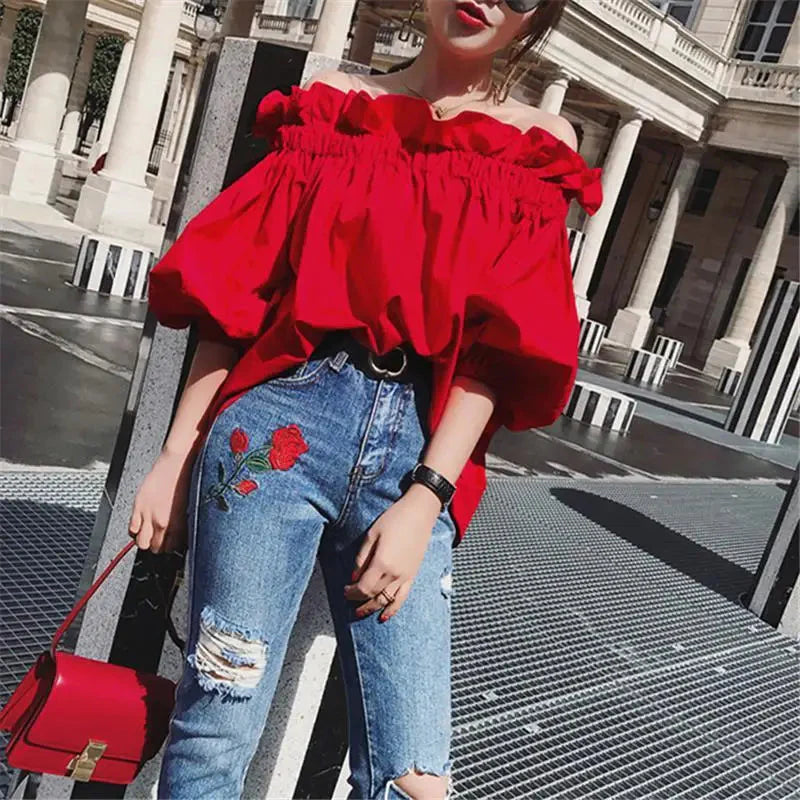 Stilla | Kvinders Ruffled Fashion Designer Puffede Ærmer Toppe T-Shirts