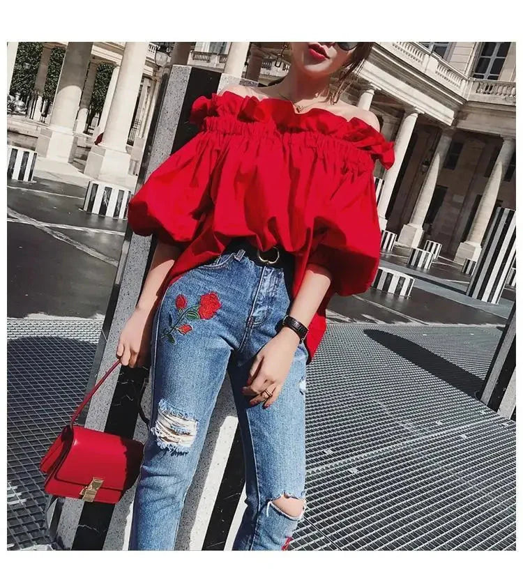 Stilla | Kvinders Ruffled Fashion Designer Puffede Ærmer Toppe T-Shirts