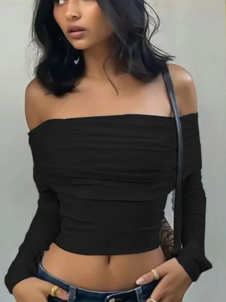 Stilla | Kvinders Ruffle Toppe Mode Designer Off Shoulder Bluse Langærmede Toppe