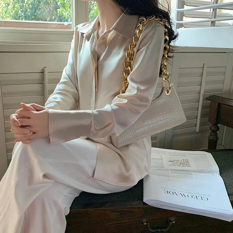 Stilla | Kvinders Satin Kontor Mode Designer Lanterne Langærmede Toppe
