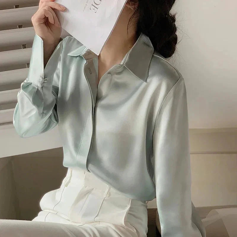 Stilla | Kvinders Satin Kontor Mode Designer Lanterne Langærmede Toppe