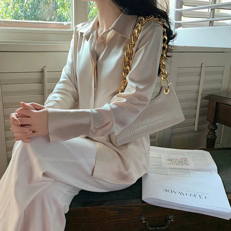 Stilla | Kvinders Satin Kontor Mode Designer Lanterne Langærmede Toppe