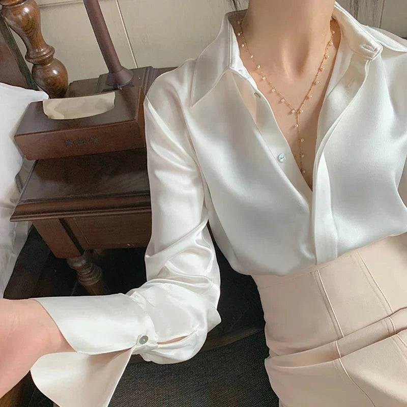 Stilla | Kvinders Satin Kontor Mode Designer Lanterne Langærmede Toppe