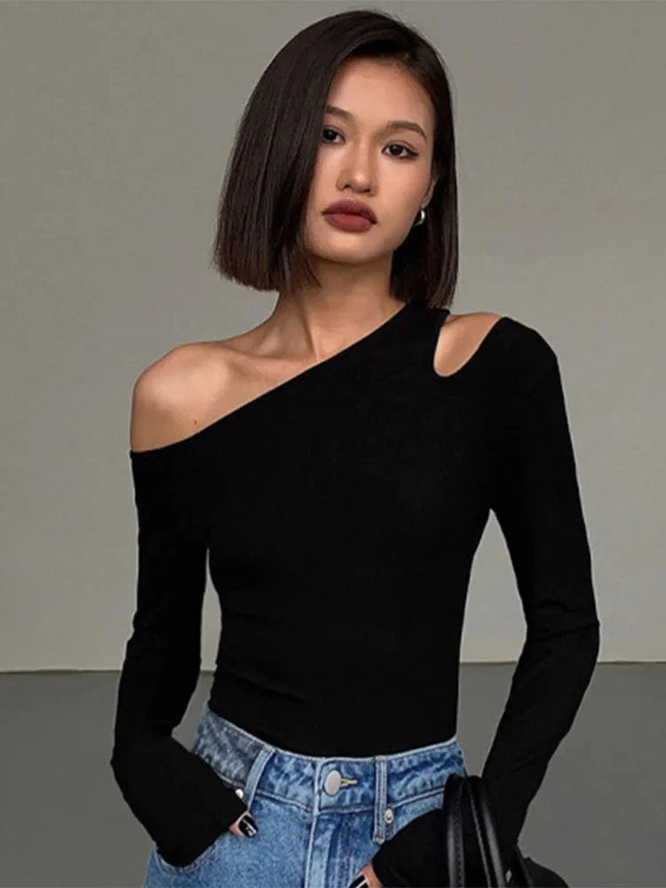Stilla | Kvindernes Skew Krave Off Shoulder Bluse Peplum Mode Langærmede Toppe
